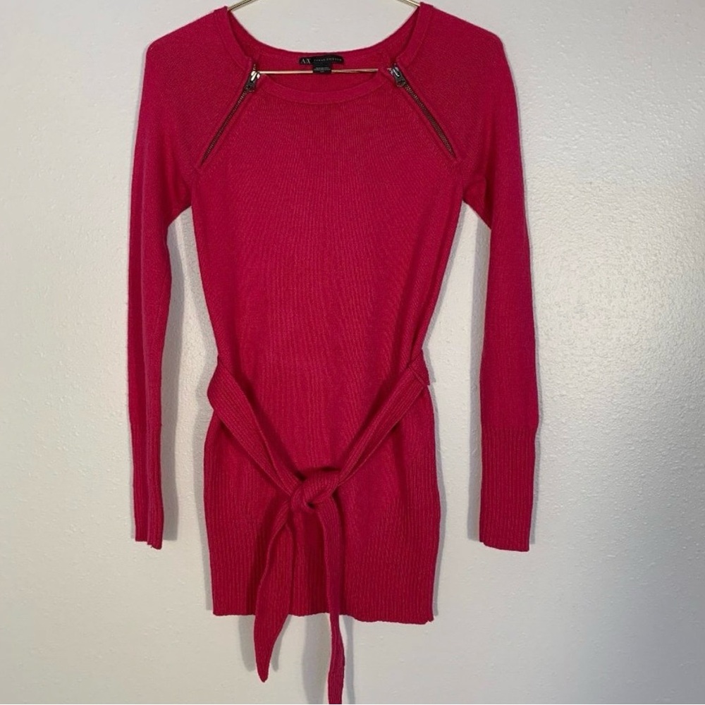 ARMANI EXCHANGE Pink Fuchsia Ribbed Tie-Waist Sweater w/ Zip Detail, EUC, PM-33